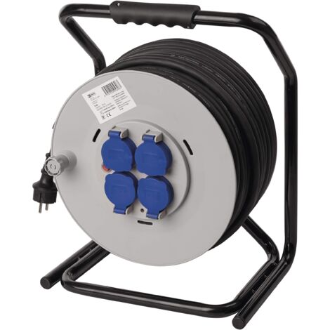EMOS P19221 Avvolgicavo 50m-4 Prese Schuko-Impermeabile, Urti, Resistente alle temperature-230 V, 15 A, 3500 W-Isolamento in gomma-H05RR-F 2,5 mm2-IP44 per Esterni, Grigio, Blu, Nero