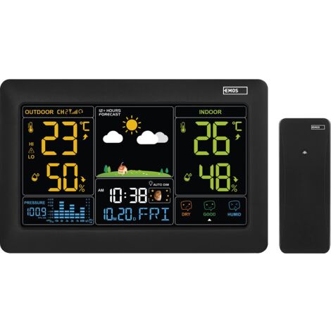 EMOS Stazione meteo radio con display a colori e sensore esterno, termometro, igrometro, barometro, previsioni meteo, visualizzazione data e orologio, sveglia, indicatore Smiley, alimentatore di rete