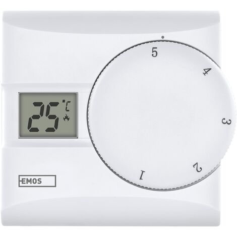EMOS - termostato digitale con display LCD - manuale, cablato - riscaldamento/raffreddamento - intervallo temperatura 5-30 °C - montaggio a vista - facile da usare - batteria inclusa - bianco