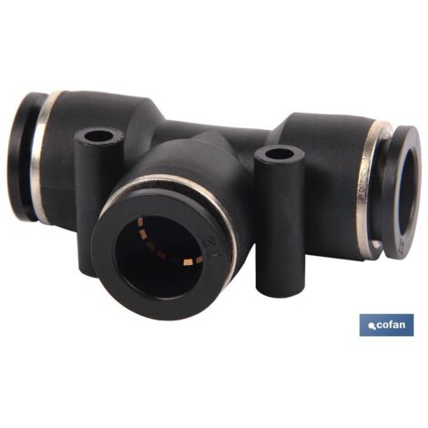Empalme rápido plástico en T para tubos de 4 a 16 mm, conexión instantánea y segura.