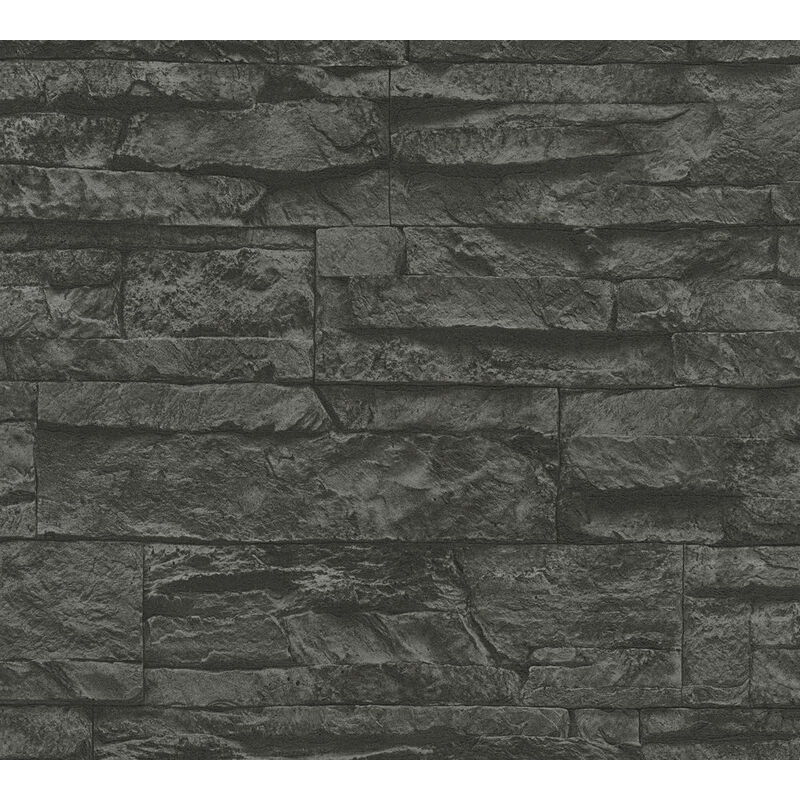 

Empapelado aspecto piedra azulejos Profhome 707123 papel pintado no tejido ligeramente texturado con dibujo naturaleza mate gris negro 5,33 m2