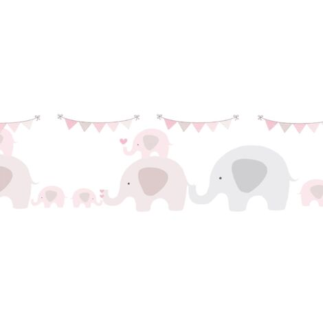Empapelado con dibujo animales Profhome 403749 cenefa adhesiva ligeramente texturado con elefantes mate rosa gris blanco 0,75 m2