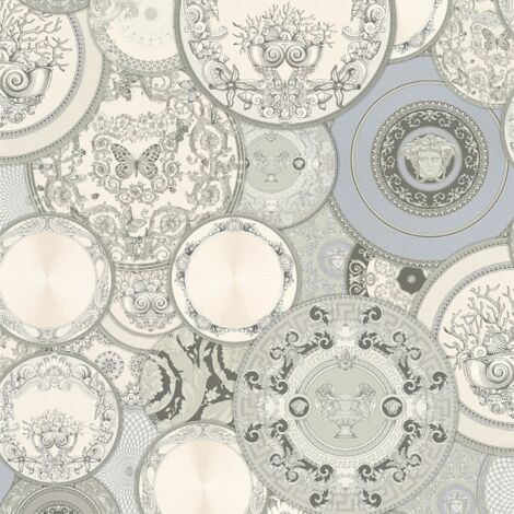 Empapelado de lujo exclusivo Profhome 349013 papel pintado no tejido ligeramente texturado de diseño brillante plata gris blanco 7,035 m2