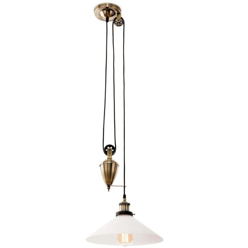 Empire - 1 Light Rise & Fall Dome Ceiling Pendant Antique Brass, Opal Glass, E27 - Firstlight