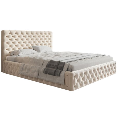 Emporius – Lit adulte Chesterfield 160x200 – Tiroir de rangement – Tissu velours beige – Sommier à lattes – Design glamour pour chambre