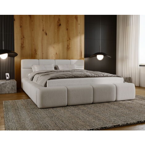 Emporius – Lit coffre 160x200 cm – Sommier à lattes – Tête de lit rembourrée – Tissu imperméable et facile à nettoyer – Beige