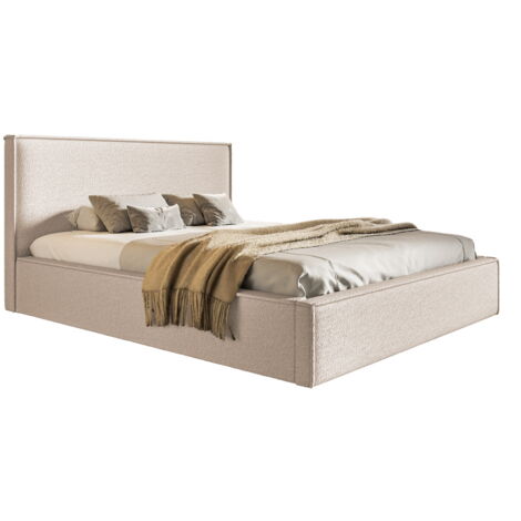 Emporius – Lit coffre 160x200 Kyoto – Rangement sous le lit – Tissu imitation laine durable – Sommier à lattes – Beige