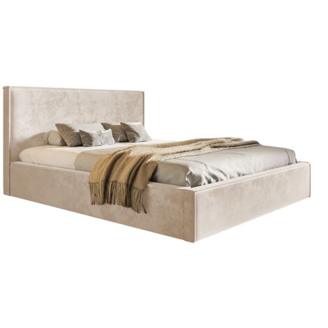 Emporius – Lit coffre 180x200 avec rangement – Lit rembourré en tissu velvet hydrophobe – Sommier à lattes – Beige – Bac à literie pratique