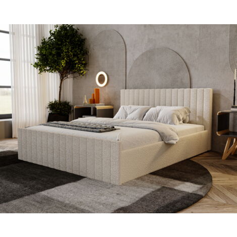 Emporius – Lit coffre 180x200 cm – Tissu boucle durable – Sommier à lattes inclus – Rembourrage tête de lit confortable – Crème