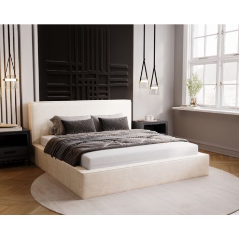 Emporius – Lit coffre 200x200 avec rangement – Velours crème – Cadre en bois – Tête de lit rembourrée – Facile à nettoyer