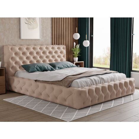 Emporius – Lit coffre 200x200 cm avec rangement – Tissu velouté beige – Sommier à lattes inclus – Style glamour Chesterfield