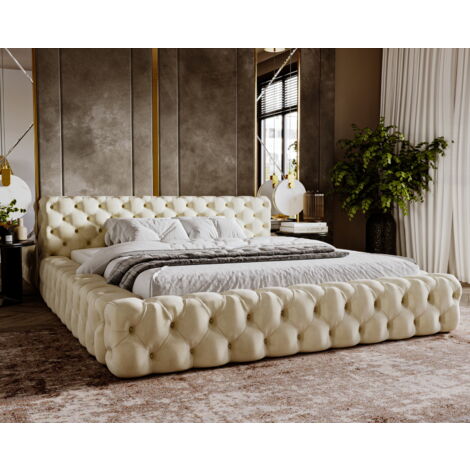 Emporius – Lit double 160x200 cm Chesterfield avec tiroir – Velours ignifugé facile à nettoyer – Rembourrage en mousse épaisse – Style glamour beige