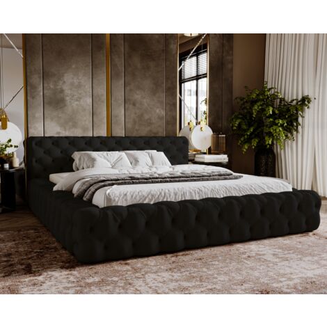Emporius – Lit double 180x200 avec tiroir – Chesterfield noir en velours – Tissu imperméable et ignifugé – Confort optimal pour chambre moderne