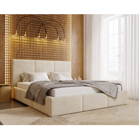 Emporius – Lit double 200x200 cm rembourré avec rangement – Tissu velours beige – Sommier à lattes inclus – Style moderne et élégant