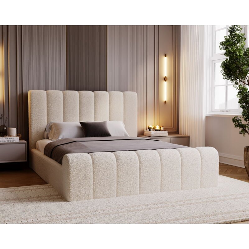 Emporius Lit 200x200 Valetta - Lit Rembourré avec Rangement - Lit adulte avec tissu bouclé - Crème (Anthology 1)