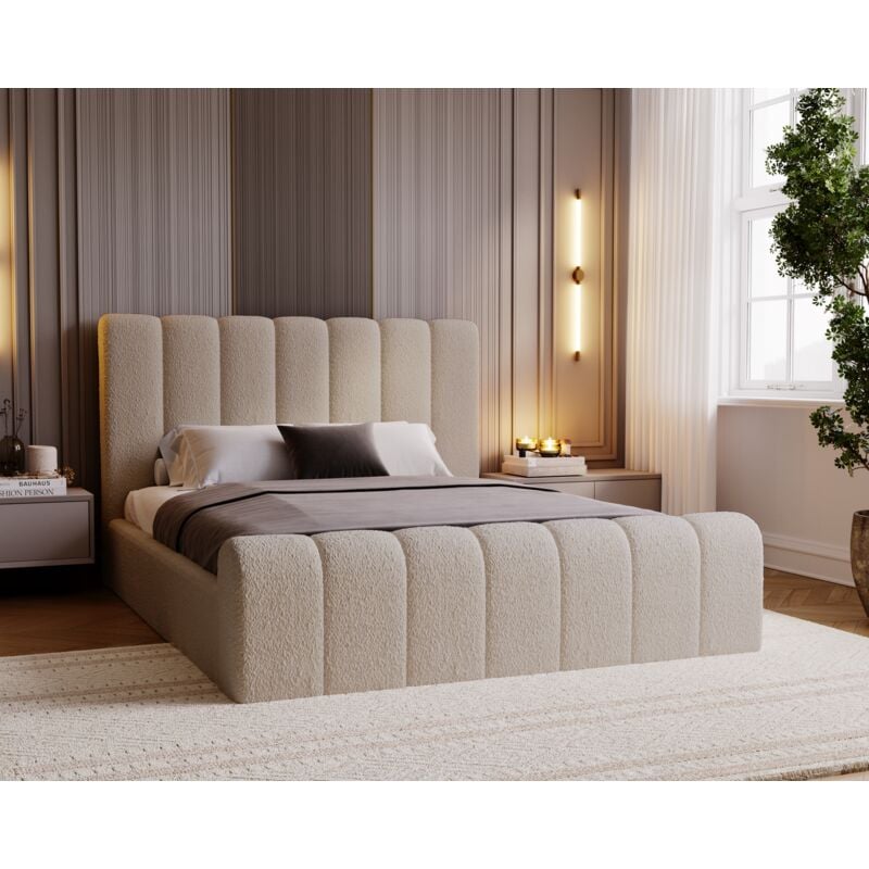 Emporius Lit 200x200 Valetta - Lit Rembourré avec Rangement - Lit adulte avec tissu bouclé - Beige (Anthology 3)