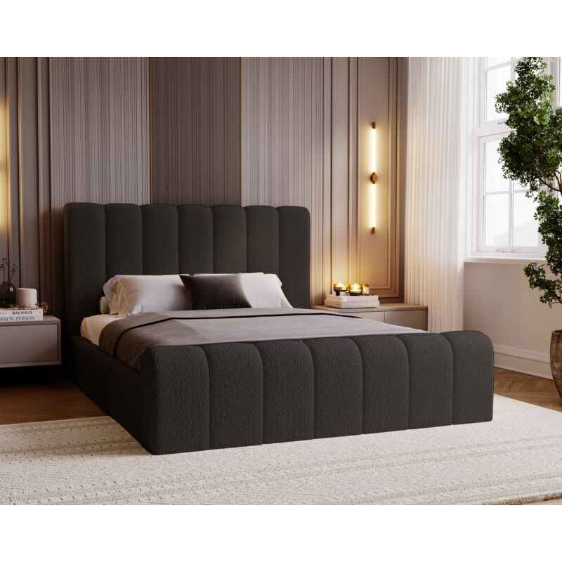 Emporius - Lit 160x200 Valetta - Lit Rembourré avec Rangement - Lit adulte avec tissu bouclé - Noir (Anthology 19)