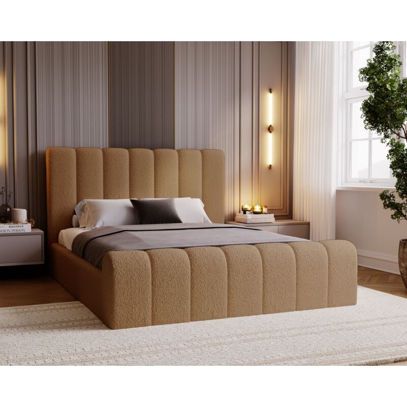 Emporius - Lit 140x200 Valetta - Lit Rembourré avec Rangement - Lit adulte avec tissu bouclé - Orange (Anthology 10)