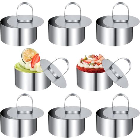Emporte-pièces ronds, lot de 8,en acier inoxydable, avec couvercle. Idéaux pour mousses, gâteaux, desserts, biscuits et glaçages.
