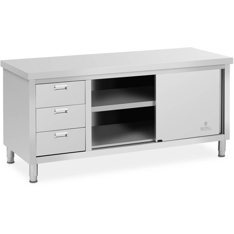 Royal Catering - Meuble Bas Inox Table Travail Armoire Portes Coulissantes & 3 Tiroirs 200x60cm