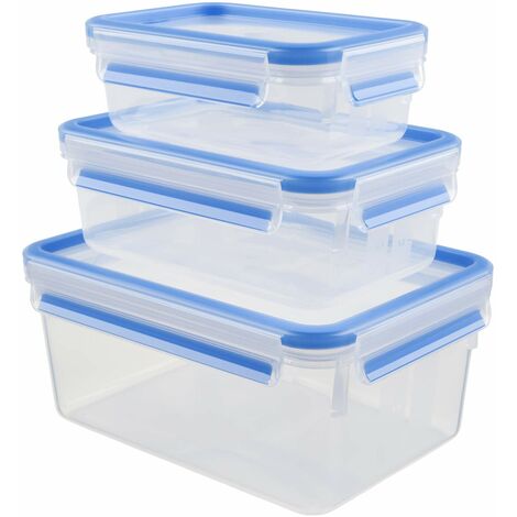 Emsa Clip & Close 017032508566 Contenitore Salvafreschezza, Set 3 Pezzi, Plastica, Trasparente/Blu, 0.55 l, 1 l e 2.3 l
