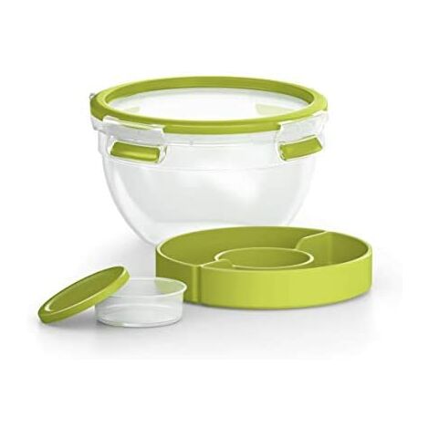 Emsa Clip&Go Saladbox Recipiente hermético de plástico 0,6 L, Bowl Redondo 1 L, para Ensalada con Compartimento para Salsas y Otros Platos, Libre de BPA, Transporte fácil, Verde, 16.7 x 16.7 x 9.5 cm