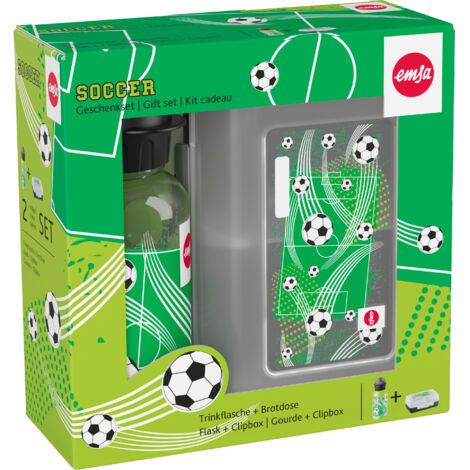 Emsa Kids Set Tritan, 2-tlg., Trinkflasche, Kinderflasche, Brotdose, Dose, Soccer, 400 ml, 518140