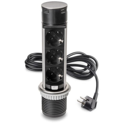 Emuca Multiconnecteur Vertikal Push 60, diamètre 60 mm, 2 prises de type Schuko, 2 USB de type A, Acier et plastique, Acier inoxydable