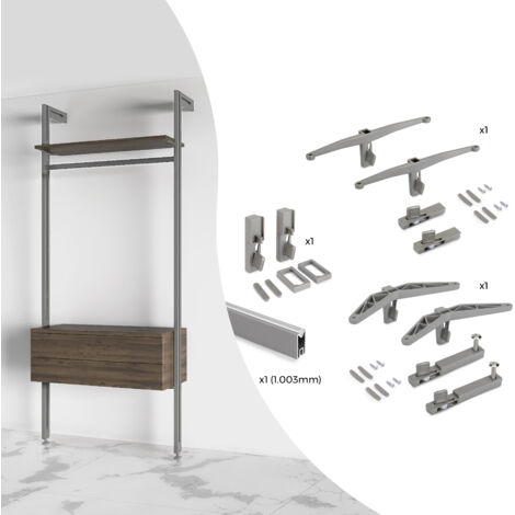 Emuca 7022449 Kit de fixation pour 1 étagère en bois, 1 module et 1 tringle de suspension longueur 1m Zero, Zamak, Gris pierre