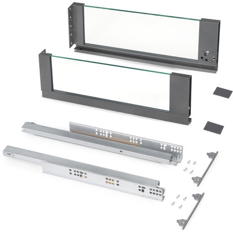 Emuca Außenschublade Vertex 40Kg mit Glas-Einschubelement 178mm hoch, 450mm tief, Stahl und Aluminium und Glas, Anthrazitgrau