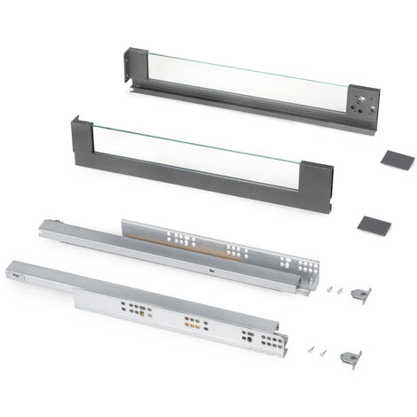 Emuca Außenschublade Vertex 40Kg mit Glas-Einschubelement Höhe 93mm, 450mm tief, Stahl und Aluminium und Glas, Anthrazitgrau