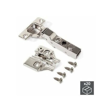 Emuca – Charnière coudée nickelée avec piston amortisseur – Ouverture 100° – Épaisseur de porte 14 à 24 mm – Lot de 20 charnières et vis