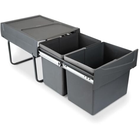 emuca contenedor de reciclaje para fijación inferior y extracción manual en mueble de cocina 2x15litros, plástico gris antracita