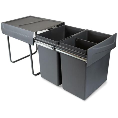 emuca contenedor de reciclaje para fijación inferior y extracción manual en mueble de cocina recycle 2x20litros, plástico gris antracita