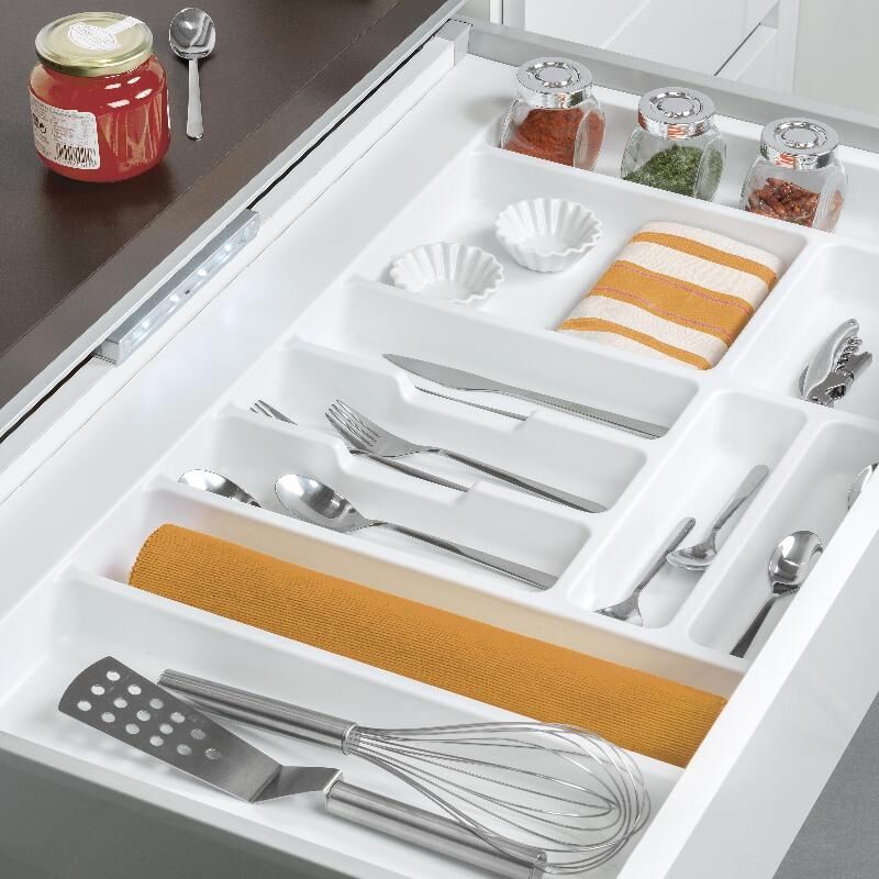 

Cubertero Optima para cajón de cocina Vertex/Concept 500, módulo 600 mm, Tablero: 16mm, Plástico, blanco