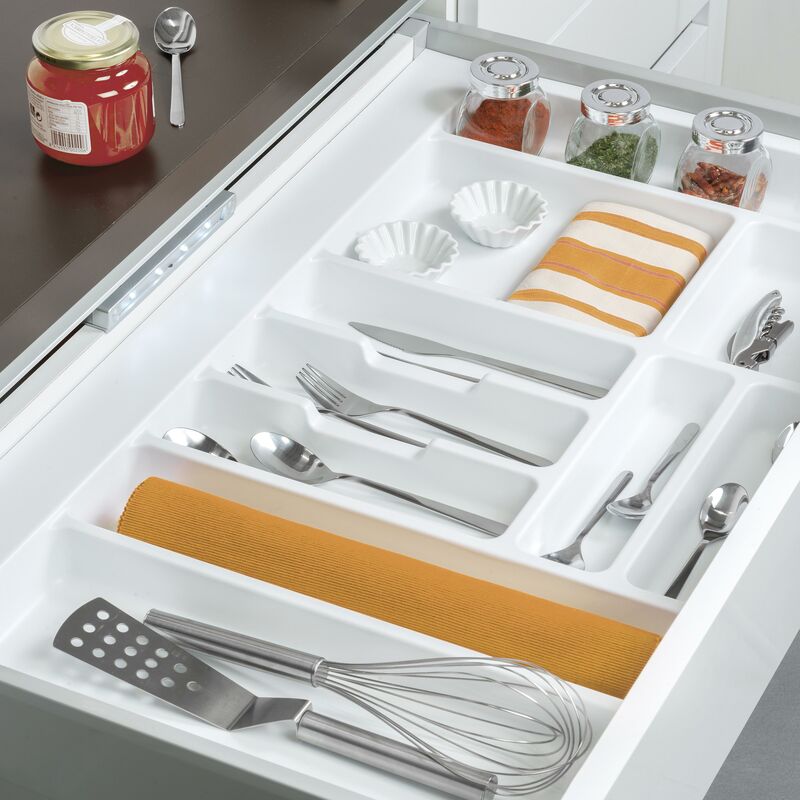 Cubertero Optima para cajón de cocina Vertex/Concept 500, módulo 700 mm, Tablero: 16mm, Plástico, blanco