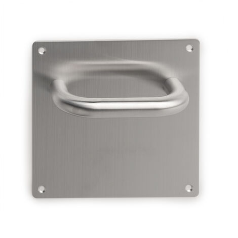 Emuca Juego de manillas con placa de 17x17 cm para puertas de interior, forma en U, Acero inoxidable, Níquel satinado