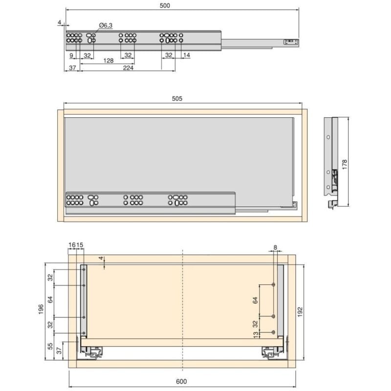 

kit de cajón para cocina o baño vertex de altura 178 mm con tableros incluidos, 600, pintado blanco, varios - Emuca