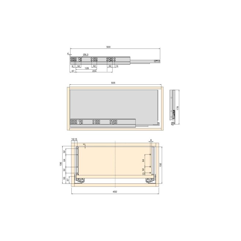 

kit de cajón para cocina o baño vertex de altura 178 mm con tableros incluidos, 450, pintado blanco, varios - Emuca