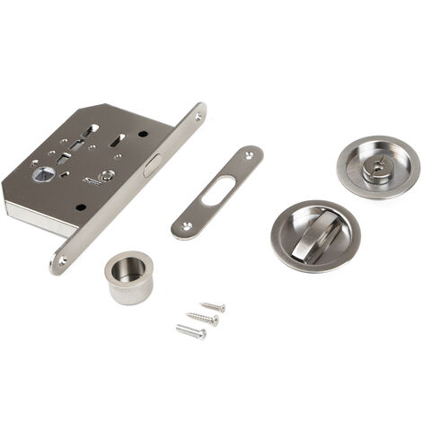 Emuca Kit de cerradura con condena redonda para puerta corredera, Acero, Níquel satinado