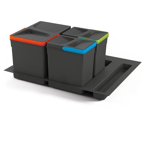 Emuca Kit de contenedores de reciclaje para cajón de cocina con base Recycle altura 216mm, 1x12litros, 2x6litros, módulo 600mm, Plástico gris antracita