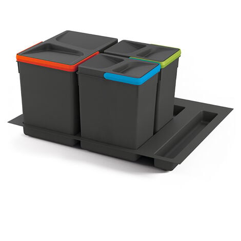 Emuca Kit de contenedores de reciclaje para cajón de cocina con base Recycle altura 266mm, 1x15litros, 2x7litros, módulo 600mm, Plástico gris antracita