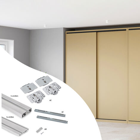 Emuca Kit di ferramenta per armadio 2 con porte scorrevoli e chiusura soft Flow con binari di superficie 2,35 m, pannelli non inclusi, Anodizzato opaco