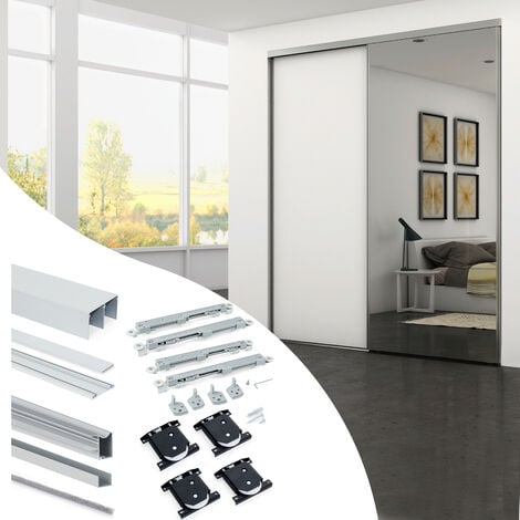 Emuca Kit di ferramenta per armadio a 2 porte scorrevoli e chiusura ammortizzata Placard 81, profilo Wave, spessore 18 mm, pannelli non inclusi, Anodizzato opaco