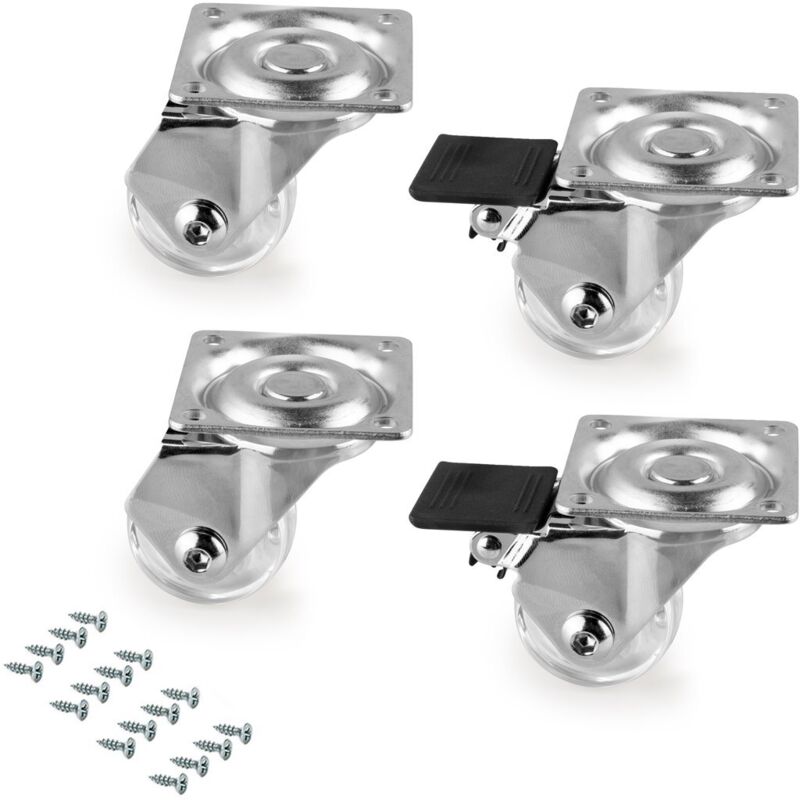 Emuca - Lot de 4 roulettes transparentes Slip 3 avec plétine de montage, diamètre 35mm, Acier et Plastique