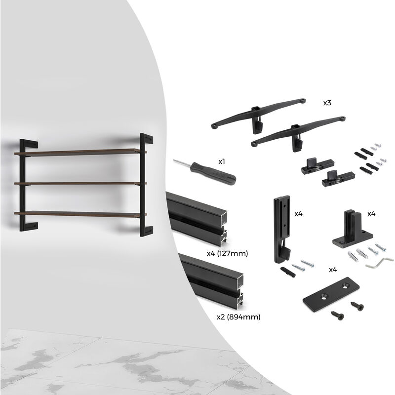 Image of Kit di telaio modulare Zero con ferramenta per il montaggio a parete, Alluminio e Zama, Verniciato nero testurizzato - Nero testurizzato - Emuca
