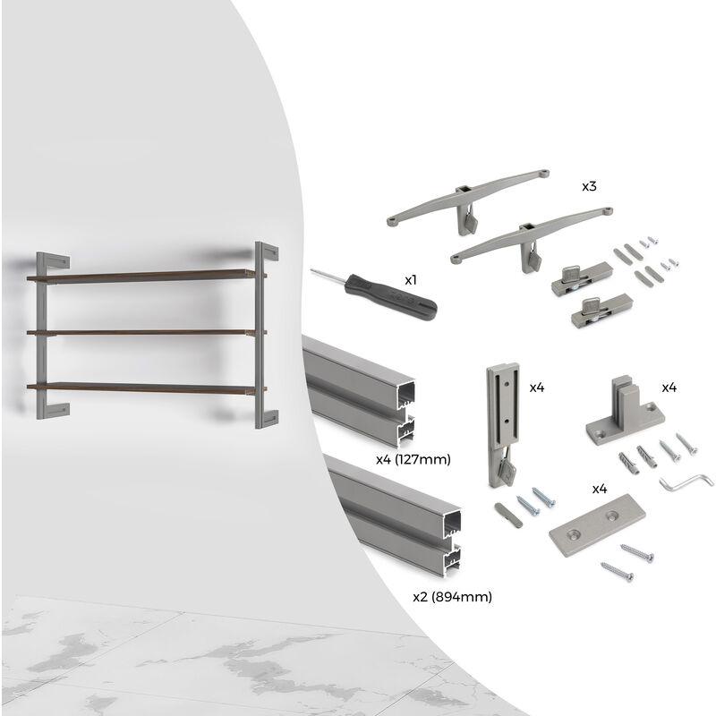 Image of Kit di telaio modulare Zero con ferramenta per il montaggio a parete, Alluminio e Zama, Verniciato grigio pietra - Verniciato grigio pietra - Emuca