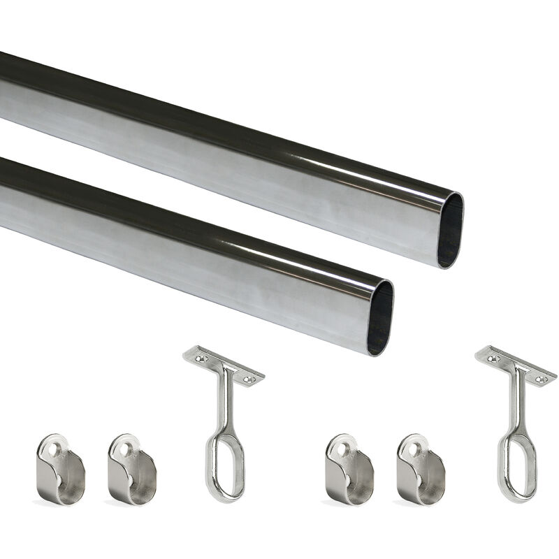 Emuca - Lot de 2 rails ovales pour armoires 30x15mm longueur 1.15m avec supports, Acier et Zamak, Chromé