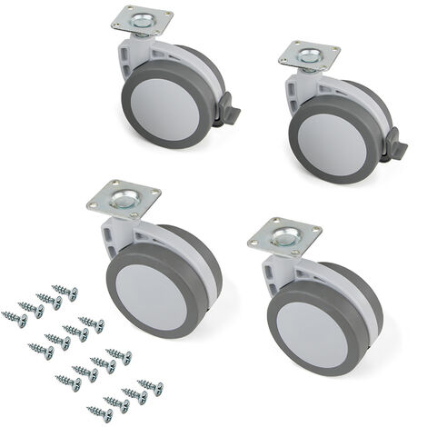 Emuca Lote de 4 ruedas Mak con placa de montaje, diámetro 80mm, Acero y Plástico, Plástico gris