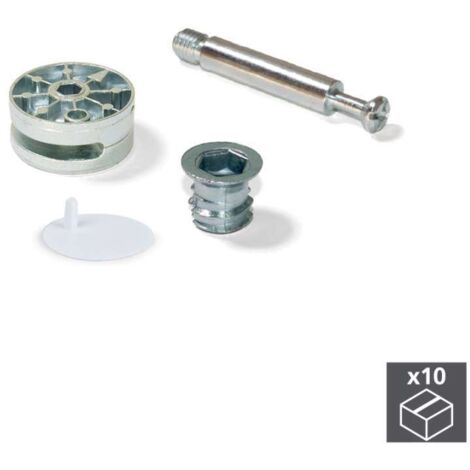 Emuca Lotto di 10 eccentrici diametro 35 mm con perno, bussola M8 e copertura in Tecnoplastica Bianca, per pannelli da 20 mm, Zama e Acciaio